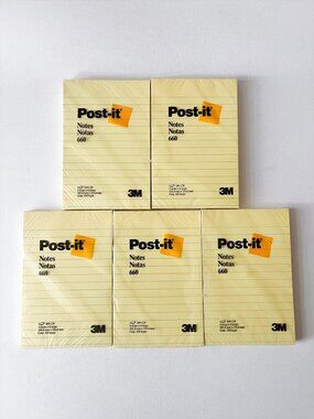 Lot of 5 3M Post-it Notes 4x6 Lined Canary Yellow Model 660 (100 Sheets/Pad)